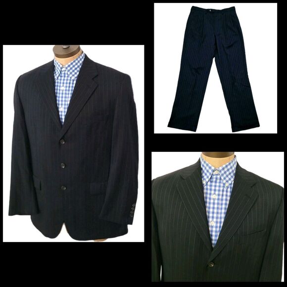 Chaps Suit Mens 42L Black Pinstripe 3 Button Wool Pants 33x31 Pleated Cuff - Picture 1 of 16